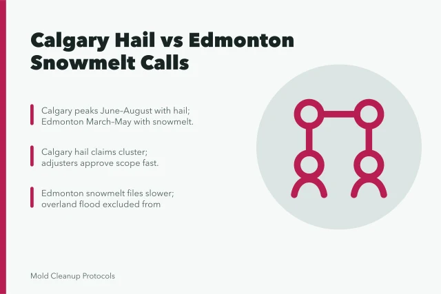 Comparison of Calgary hail and Edmonton snowmelt basement flood mold call seasons. Calgary hail, snowmelt and basement flood mold calls compared with Edmonton