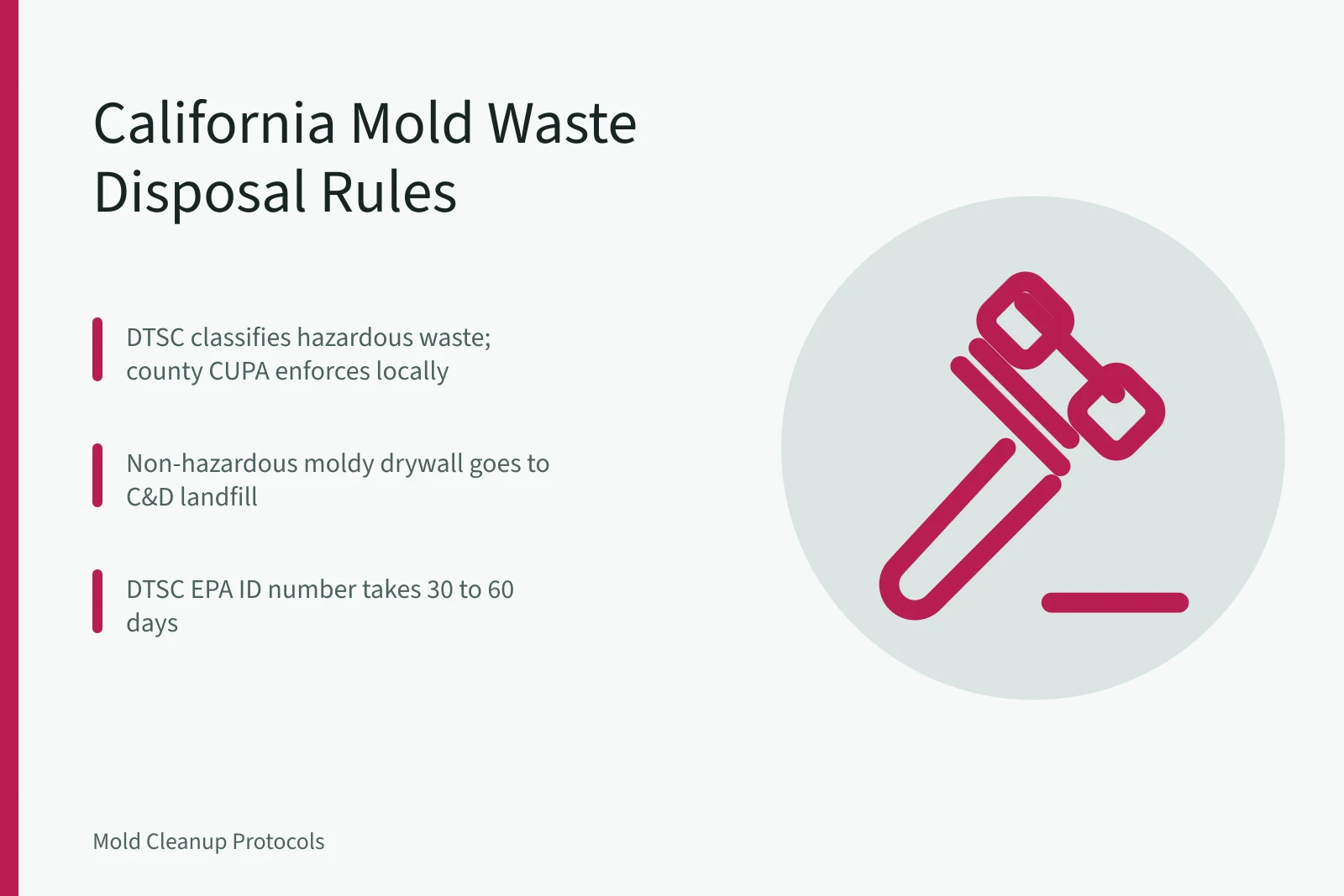 California mold remediation waste disposal rules card with DTSC and CUPA steps. California Mold Remediation Waste Disposal Rules Explained