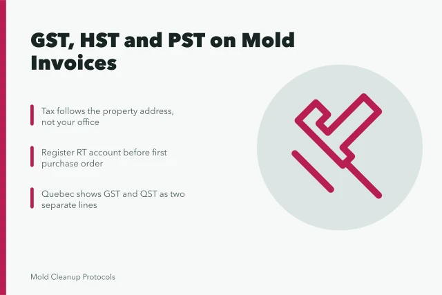 Tax rules for mold remediation invoices across Canadian provinces. How Canadian GST, HST and PST apply to mold remediation invoices