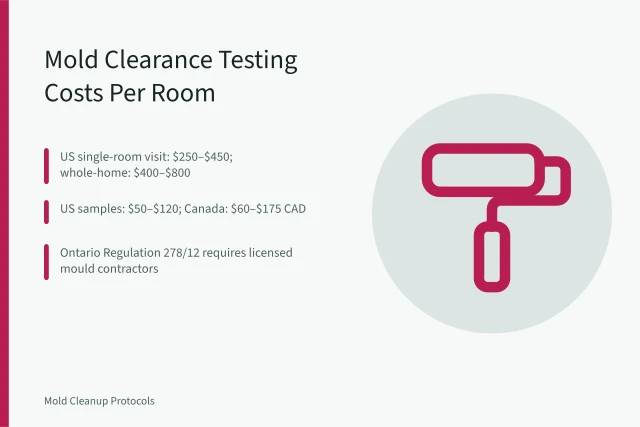 Card showing mold clearance testing costs per room in US and Canada. Mold Clearance Testing Costs: What US and Canadian Buyers Pay Per Room