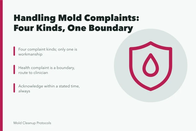 Card summarizing mold remediation complaint handling: four kinds, health boundary, acknowledge promptly. How to think about mold remediation complaint handling