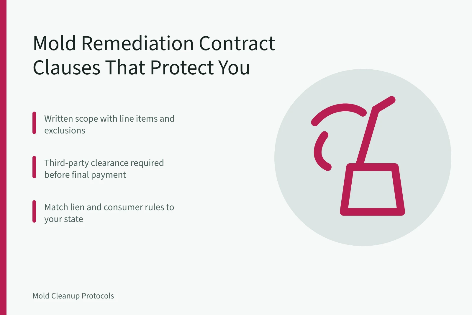 Checklist of mold remediation contract clauses, scope, clearance and lien terms. Mold Remediation Contracts: Clauses That Protect Your Business