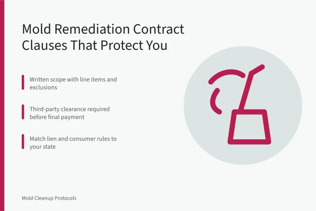 Checklist of mold remediation contract clauses, scope, clearance and lien terms. Mold Remediation Contracts: Clauses That Protect Your Business