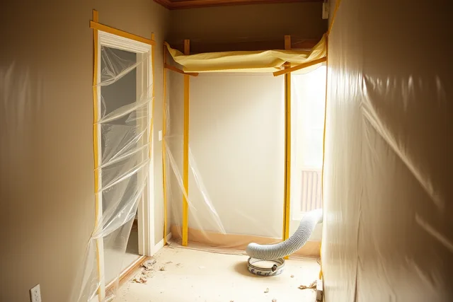 Plastic containment sheeting and taped zipper door sealing a mold remediation work area. What a mold remediation business hire must learn in the first weeks for a small operation