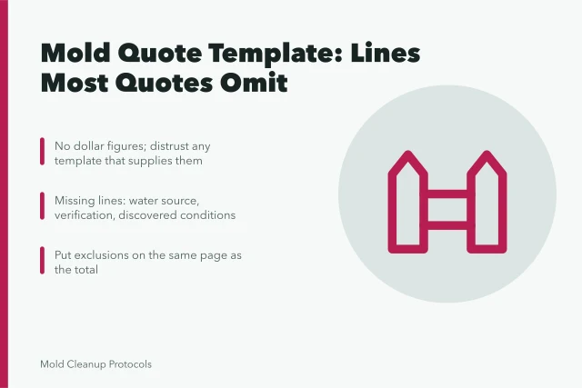 Card outlining mold remediation quote template sections and missing lines. Sample mold remediation quotes and the template behind them for a small operation