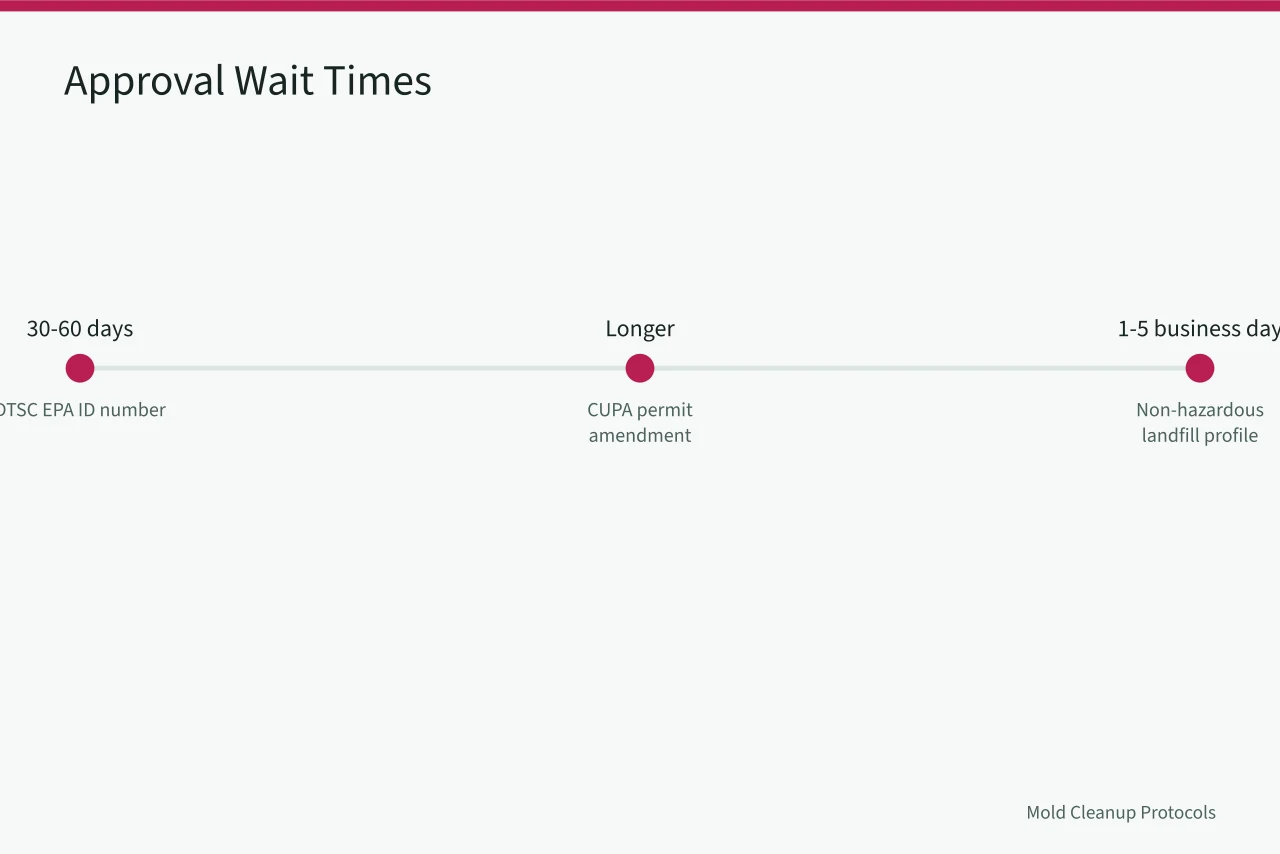Timeline showing 30-60 day DTSC wait versus 1-5 day landfill profile (California Mold Remediation Waste Disposal Rules Explained)