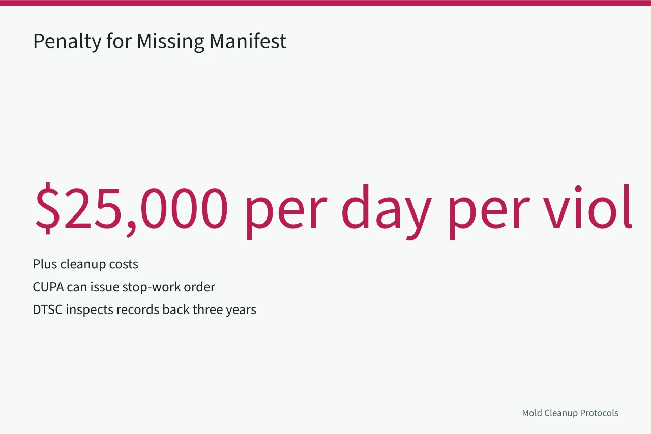 Stat graphic showing $25,000 daily penalty for missing hazardous waste manifest (California Mold Remediation Waste Disposal Rules Explained)