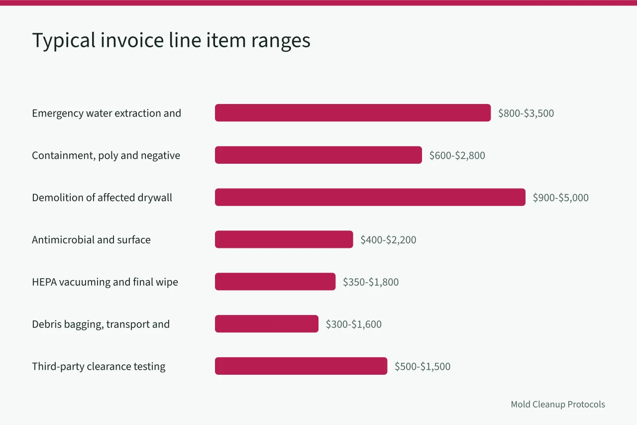 Bar chart of eight mould remediation invoice line items with low and high dollar ranges (How Do Canadian Insurers Pay for Mould Remediation Jobs?)