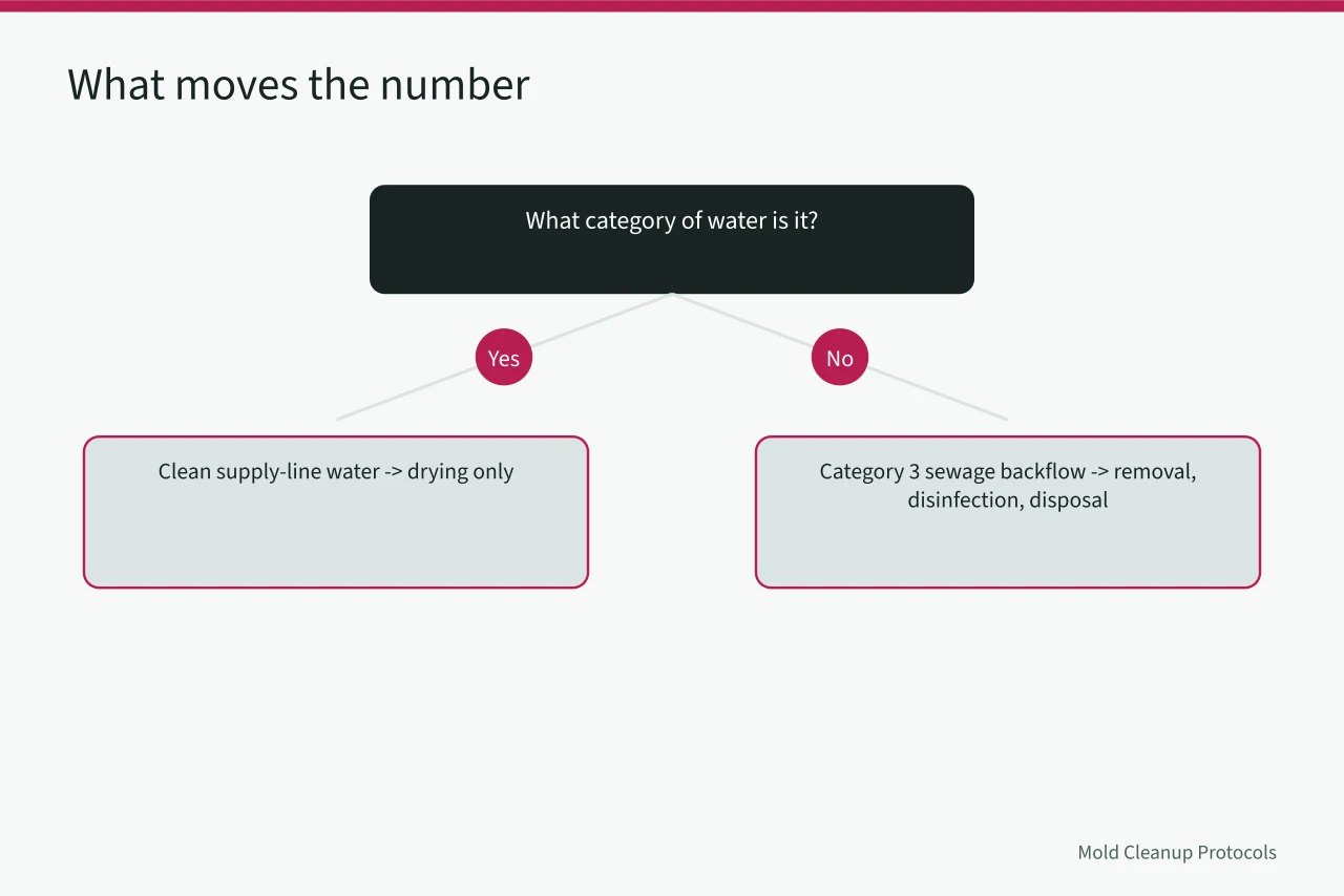 Decision flow for water category, containment difficulty and clearance requirement (How Do Canadian Insurers Pay for Mould Remediation Jobs?)