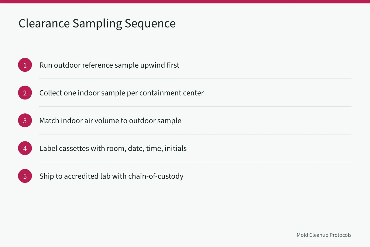 Five-step sequence for running mold clearance air samples (How to Run Mold Clearance Air Sampling After Remediation)