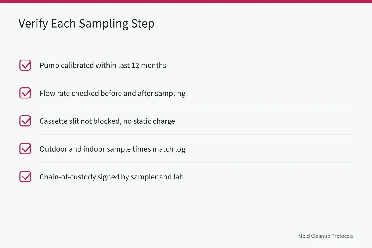 Checklist for verifying pump, cassette, timing, and custody steps (How to Run Mold Clearance Air Sampling After Remediation)