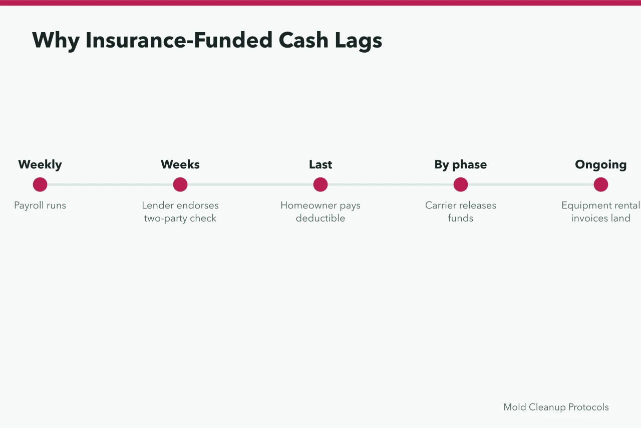 Timeline showing payroll weekly against delayed insurance payments (The bookkeeping routine that keeps a mold remediation business solvent)